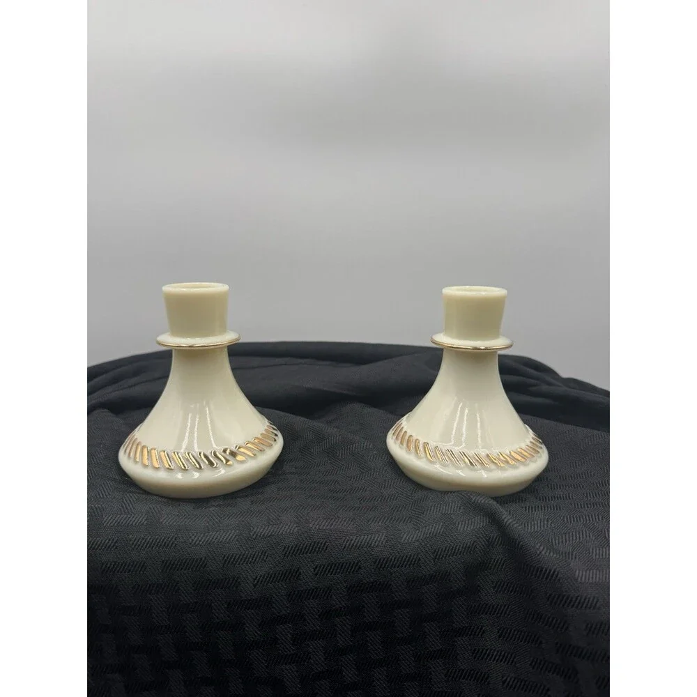 Vintage Pair Custard Glass Wheaton Ware Candle Holders Gold Trim 1970's